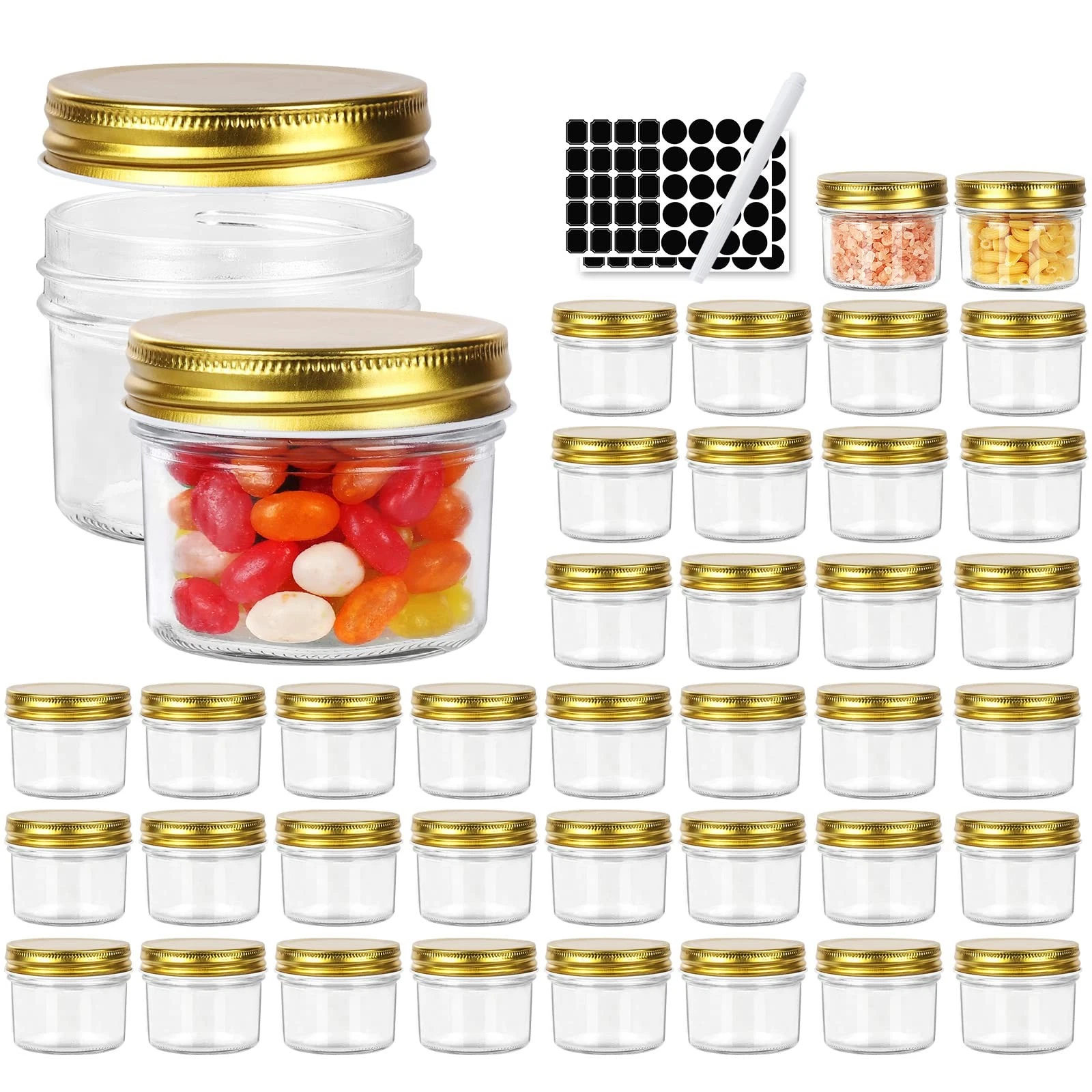 4 oz Clear Glass Jars with Golden Lids, 40 Pack Wide Mouth Manson Jars For Kitch