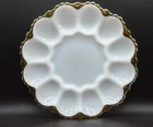 Vintage Anchor Hocking Deviled Egg Plate White Milk Glass Gold Trim 12 Eggs Tray