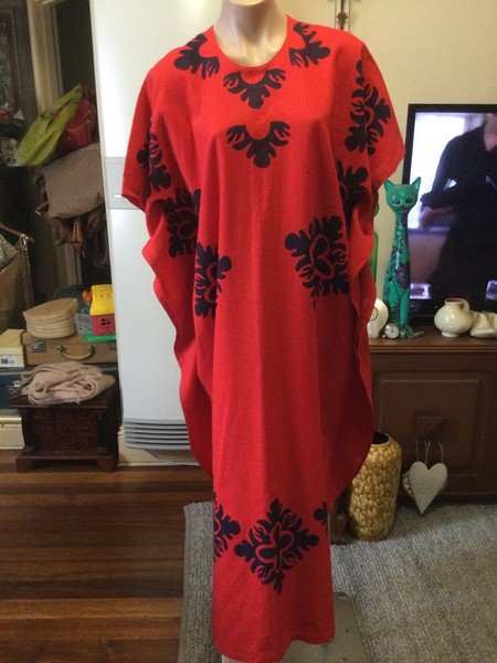 STYLED BY JOSE red Linen Maxi Gown Kaftan Blue Print OSFM