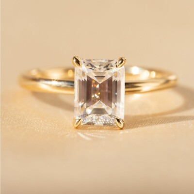 2 CT Emerald Cut Moissanite Hidden Halo Engagement Ring Solid 14K Yellow Gold