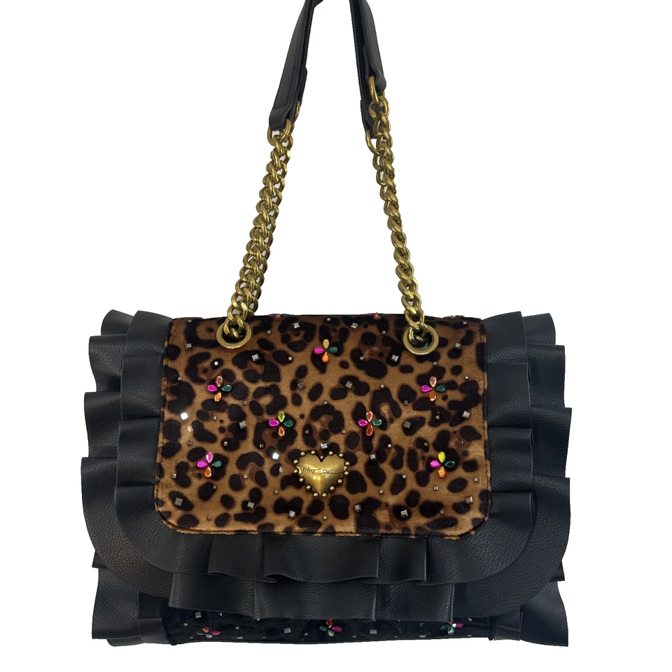Bolso de Hombro Betsey Johnson Leopardo Volantes Correa de Cadena Estrás Adornado Foto 2 de 4