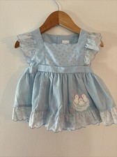 Vintage Girls 12 Mo Blue P Floral Co Ruffle Dress Song Birds Embroidered Music