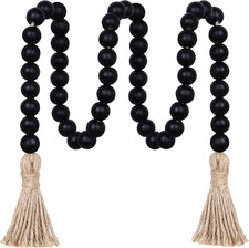 39in Wood Bead Garland, Farmhouse Beads with Tassels, Black