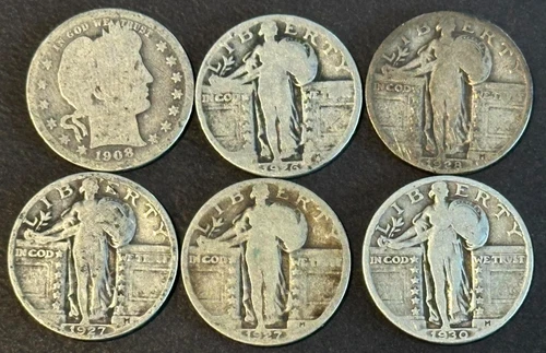 90% Silver QUARTERS / LOT OF (6) STANDING LIBERTY + BARBER With Dates @ MELT