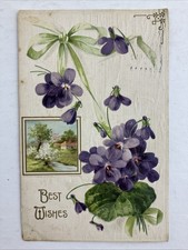Antique 1909 Best Wishes Germany Postcard VIOLETS COTTAGE STREAM Embossed Posted
