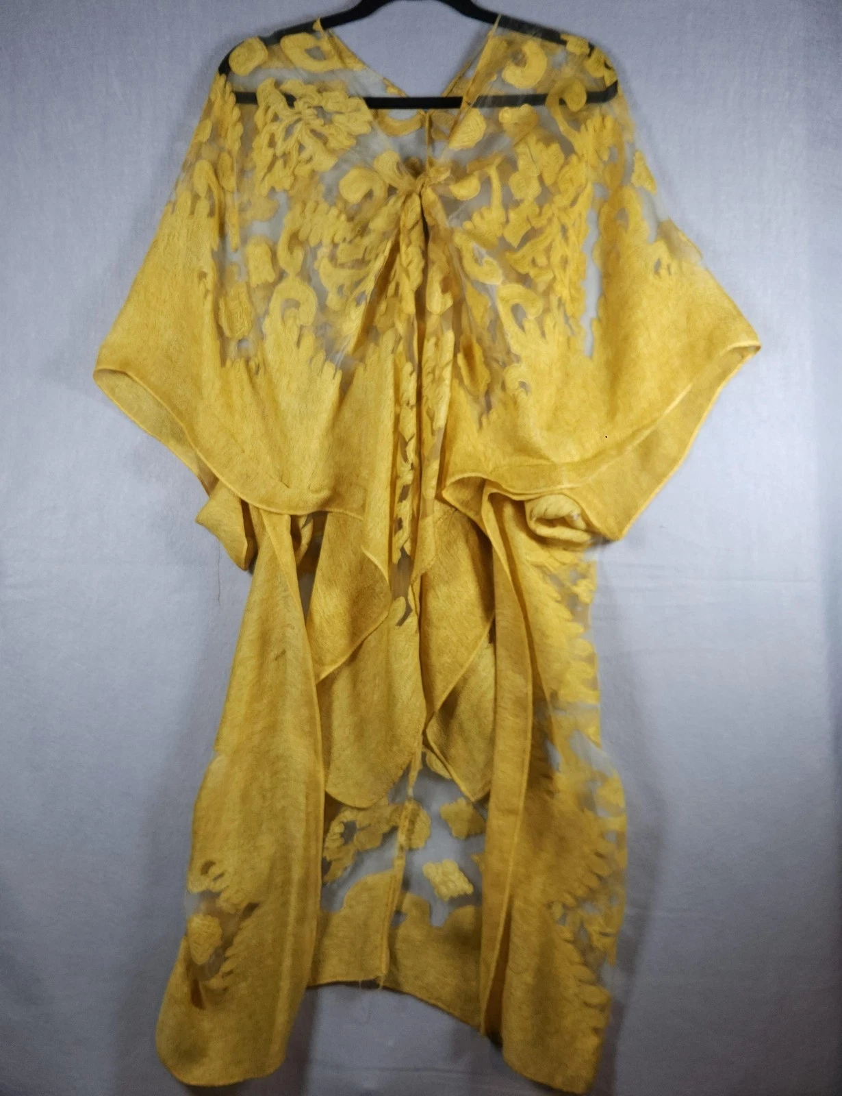 Vintage BohoYellow Organza Kimono Poncho Womens One Size Sheer Embroidered