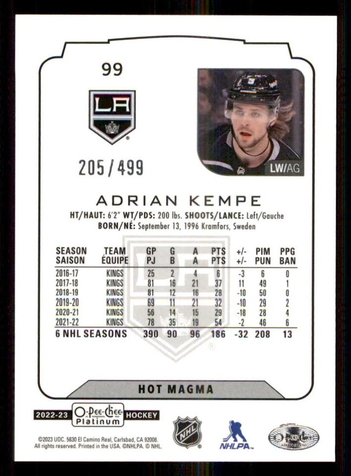 2022-23 O-Pee-Chee Platinum Hot Magma #99 Adrian Kempe /499 - Image 2 of 2