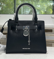 MICHAEL KORS HAMILTON SMALL SATCHEL KEY LOCK CROSSBODY BAG BLACK LEATHER SILVER