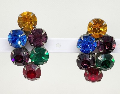 Vintage Norma Jean Large Signed Multi Color Crystal Clip Earrings