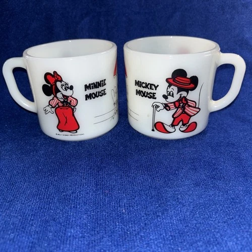 Vintage Fire King Anchor Hocking Mickey & Minnie Mouse Disney Milk Glass Mugs