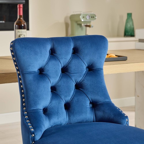 Set of 2 25" Counter Height Bar Stools Velvet Button Barstools Metel Legs Blue - Picture 3 of 12