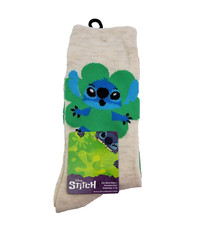 Disney Lilo And Stitch Mens Size 4-10 Beige Green Novelty Crew Socks 1 Pair