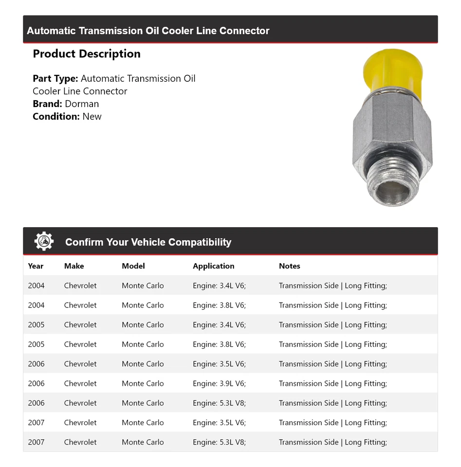 For 2004-2007 Chevrolet Monte Carlo Dorman AT Oil Cooler Line Connector 2005 - Image 2 of 4