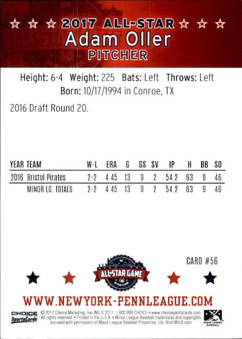 2017 New York-Penn League All-Stars Choice #56 Adam Oller Conroe Texas TX Card - Image 2 of 2