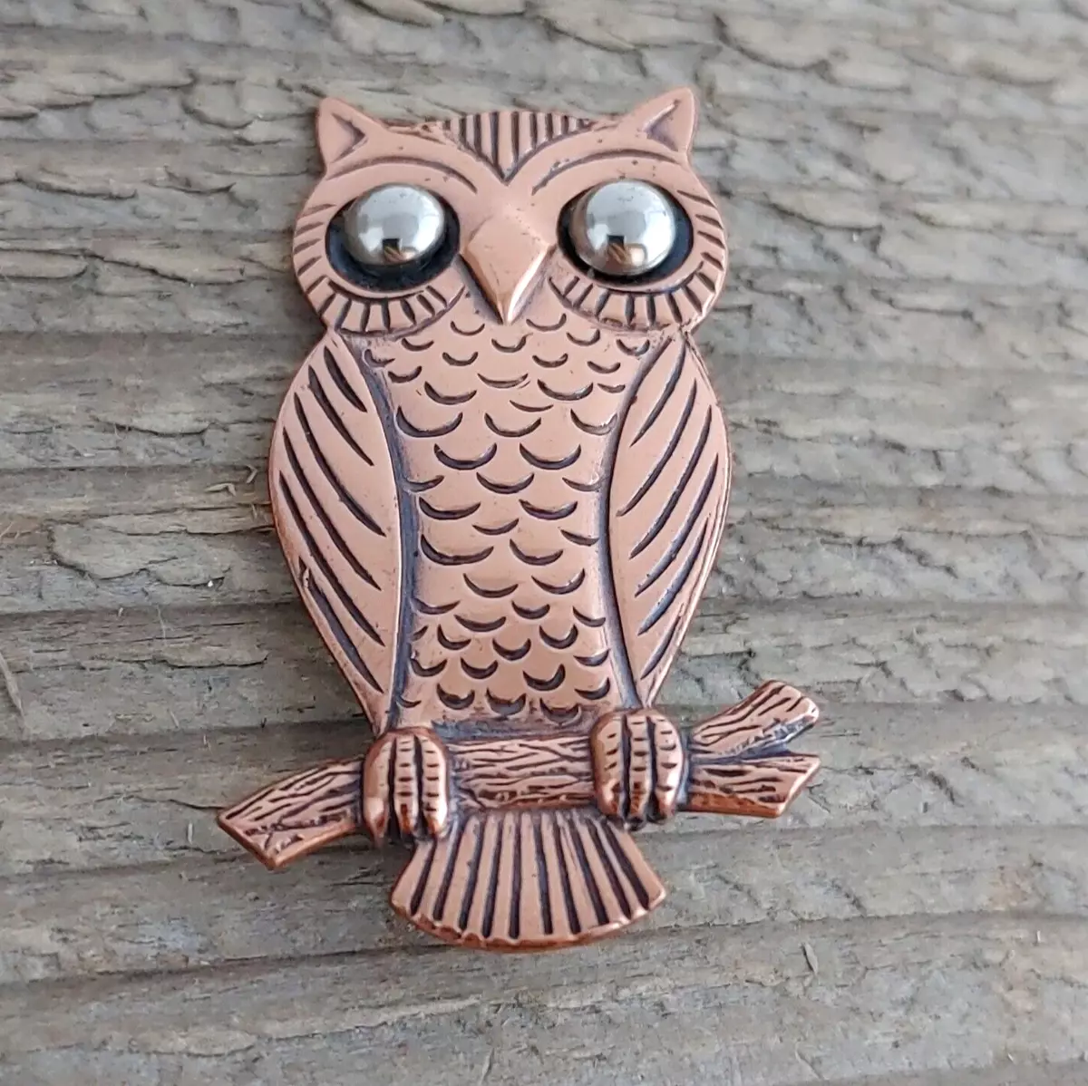 Vintage Copper OWL Brooch Pin Signed Bell Silver Tone Eyes Mixed