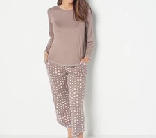 AnyBody Brushed Jersey Printed Sleep Set-Smokey Taupe Dot-Tall 1X-NEW-A453280
