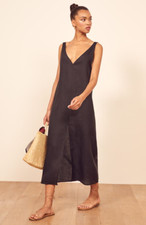 REFORMATION Monique deep front and back  V-neck Linen Midi maxi  Dress Black sli
