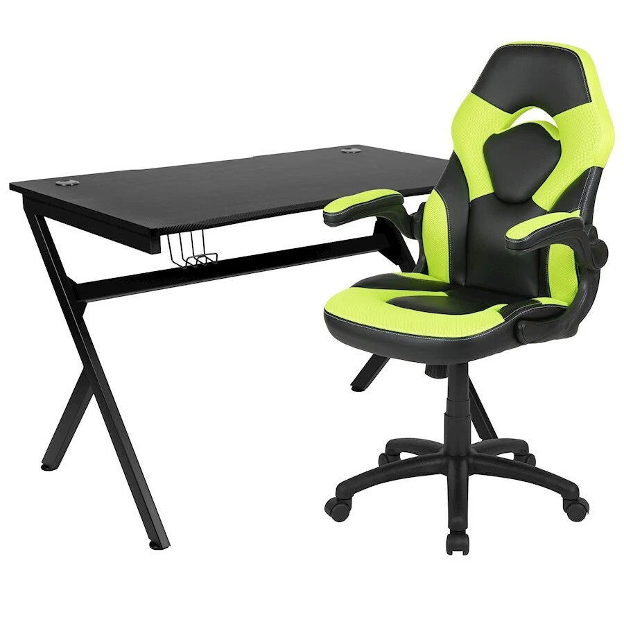Flash Black Gaming Desk and Green Black Racing Chair Set BLN X10D1904 GN GG