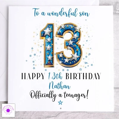 CHRISSIECREATESCARDS Personalised Birthday Card 13th Son Grandson Godson Nephew Friend Male Teenager
