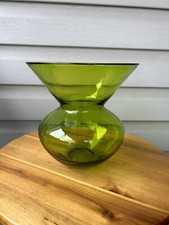 Green Bulbous Wide Mouth Fluted Hand Blown Art Glass Vase 8  