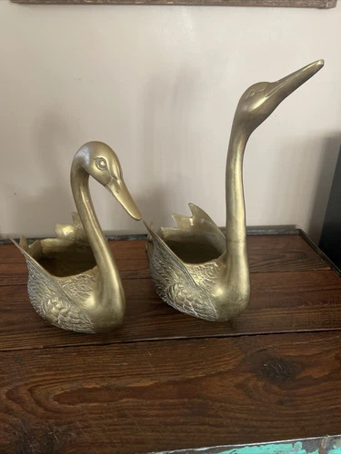 Lot of 2 Large Brass Swan Planters a Pair- MCM Hollywood Regency