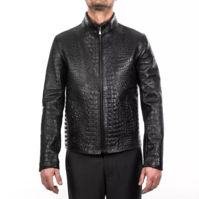 Men's Black Crocodile Embossed Motorcycle Leather Jacket Alligator