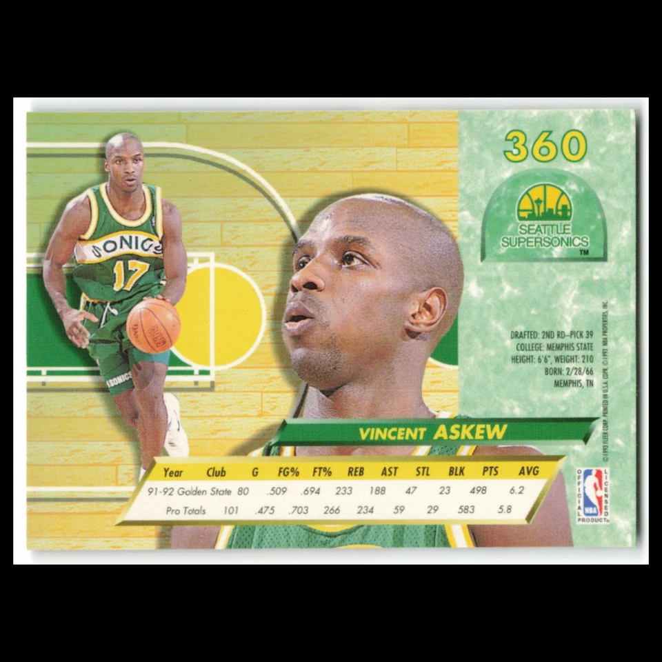 Vincent Askew #360 1992 Fleer Ultra Seattle SuperSonics Basketball Card NBA NM - Image 2 of 3
