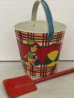 Ohio Art Tin Litho Vintage Beach Sand Pail Bucket & Red Shovel Beach Toy