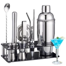 New Shaker Set Bartender Kit 15Piece Stainless Steel with Acrylic Stand Bars All