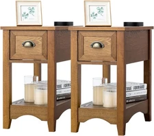 KOTEK End Table with Drawer and Open Shelf, Retro Narrow Side Table 2, Tawny