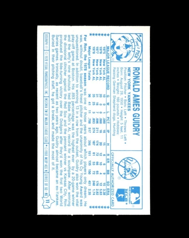 1979 Kellogg's Set-Break # 11 Ron Guidry NM-MT OR BETTER *GMCARDS* - Image 2 of 2