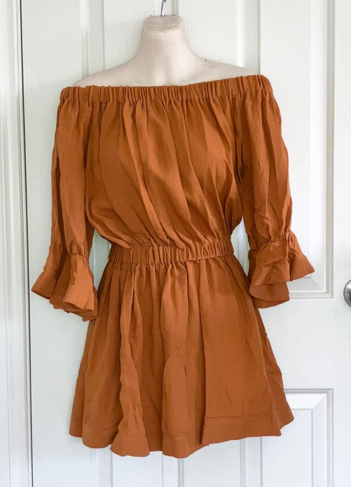 TOBY HEART GINGER WOMENS OFF SHOULDER MINI DRESS CINNAMON SPICE SIZE S (AU 8–10)