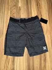 Hurley NEW Boys Sz 10 25 Black Striped Logo Shoreline Swim Trunks Board Shorts
