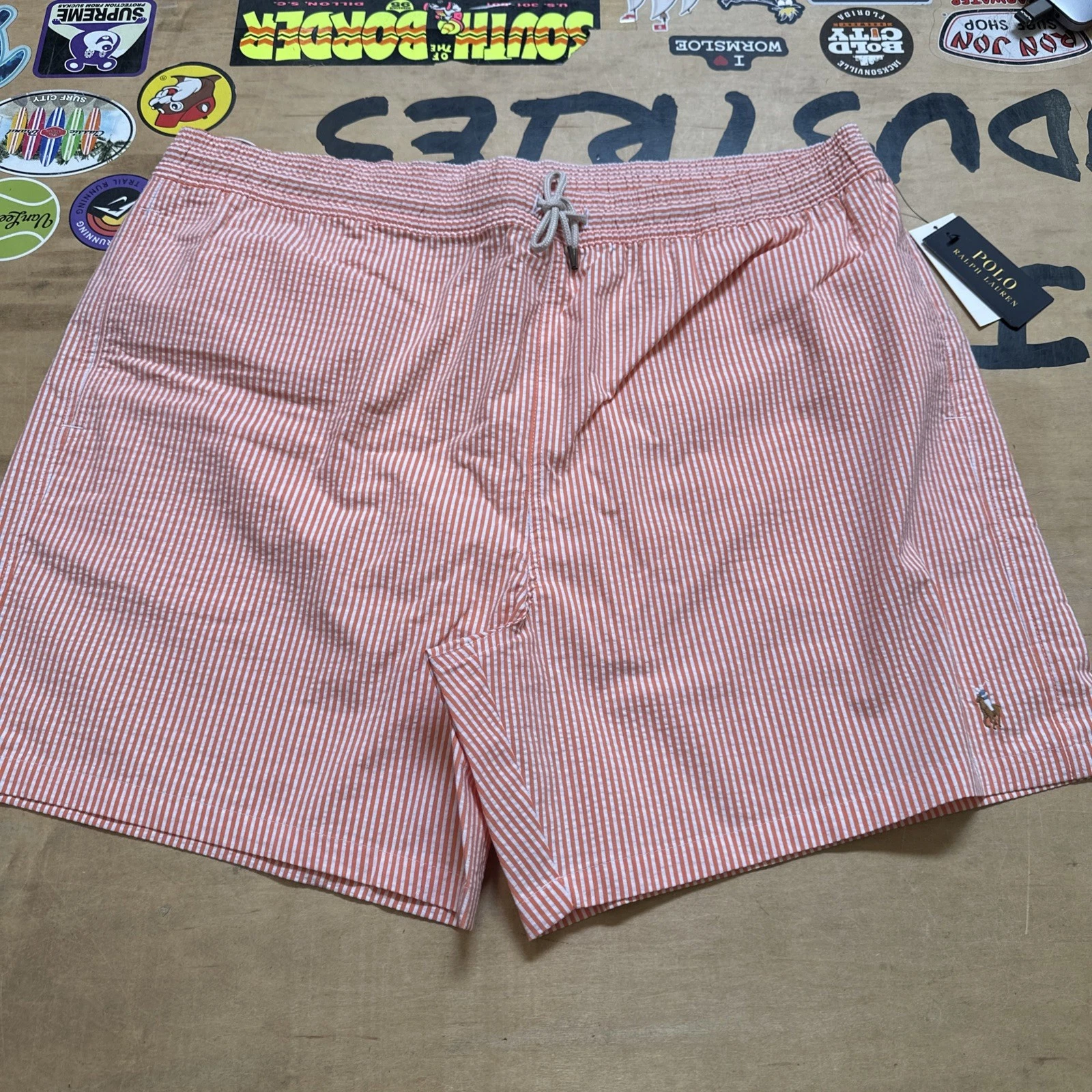 Polo Ralph Lauren Orange SEERSUCKER Traveler Swim Trunks Bathing Suit NWT 2XB