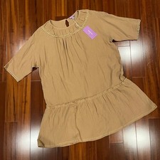 Gauze Babydoll Mini Dress Crochet Trim Tan Beige Short Sleeve Purple Lava New M