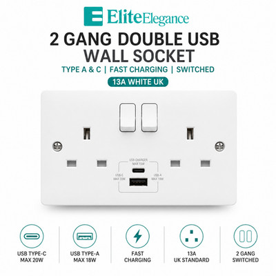 2 Gang Doppel USB Steckdose Typ A & C Schnellladen geschaltet 13A weiß UK