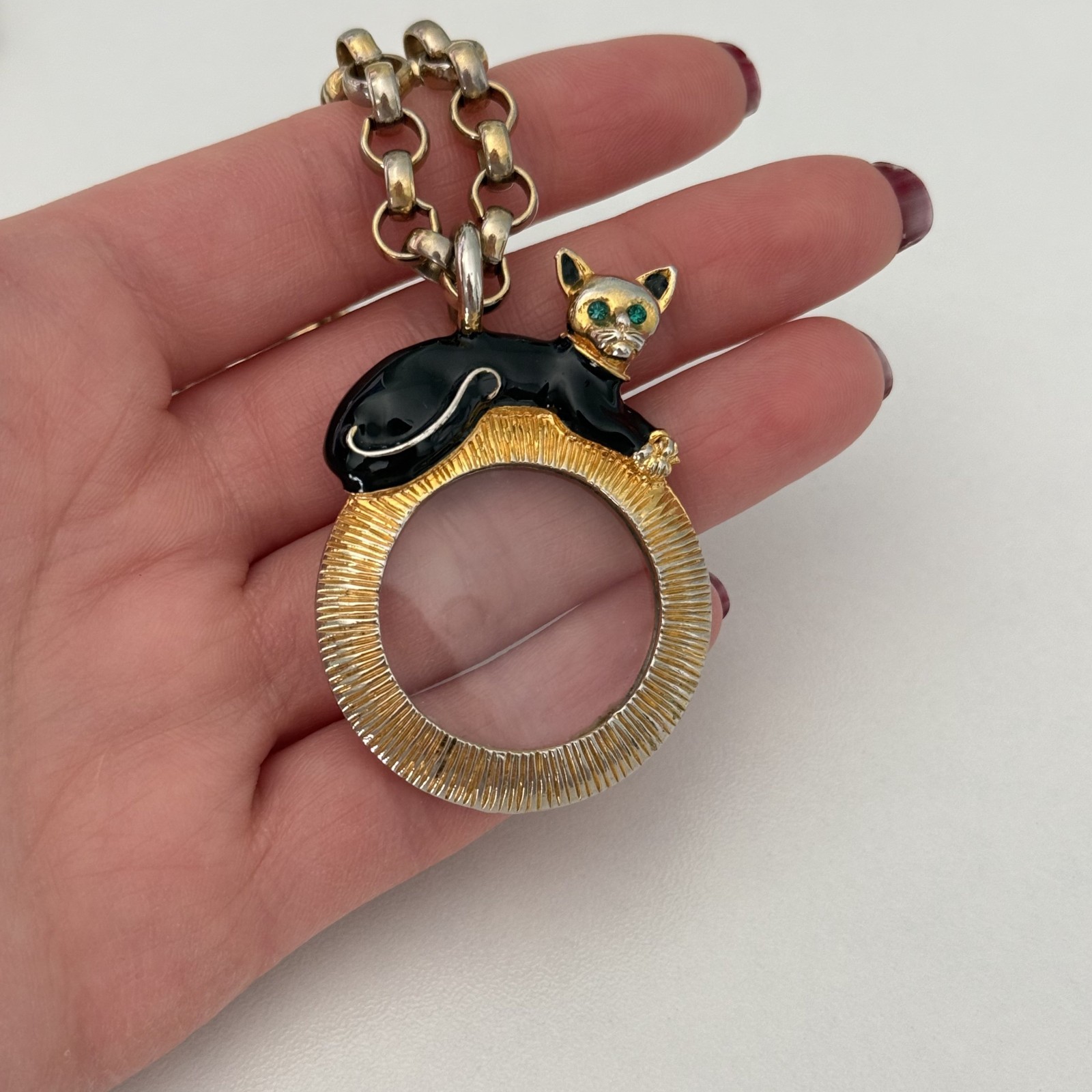 Vintage Rare Carolee Black Kitty Cat Enamel Magnifying Glass Chunky Necklace image 5