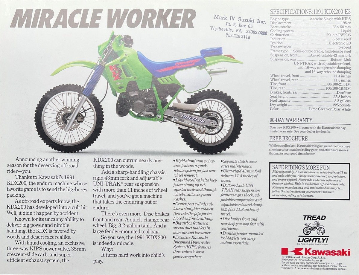 1991 Kawasaki KDX200-E3 double-sided brochure-literature OEM KDX