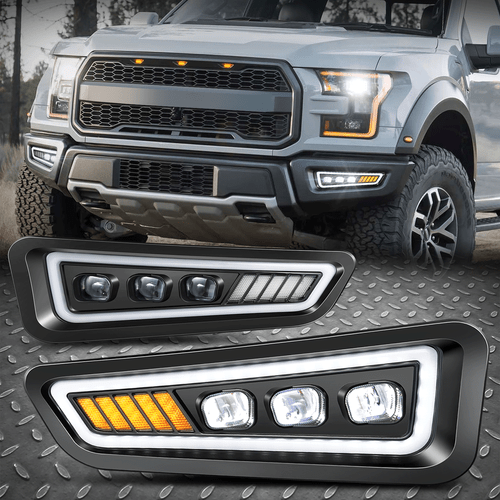 [LED DRL+Sequential Turn Signal] For 17-20 F150 Raptor Tri-Projector Fog Lights - Picture 1 of 6