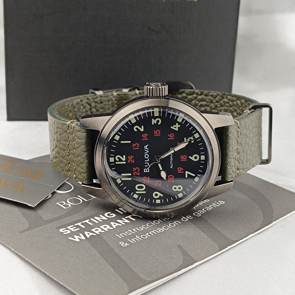 Bulova Hack 98A255 Black Dial Green Leather Strap Automatic Men's