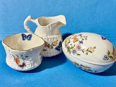 Aynsley Cottage Garden Bone China Egg Box Cream Sugar 3Pc Set England Easter Egg