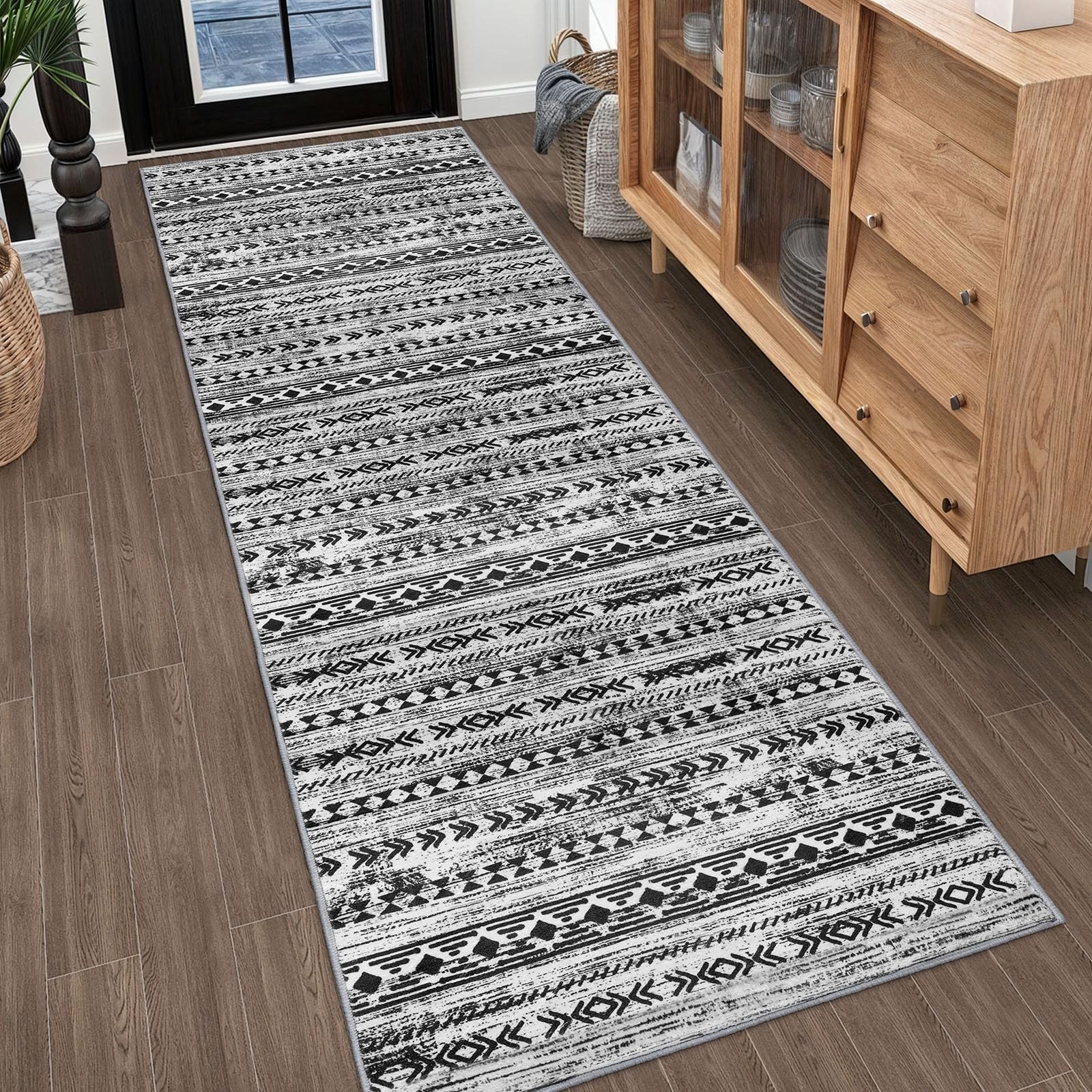 Black and White Boho Moroccan Runners for Hallway Kitchen Washable 3x10