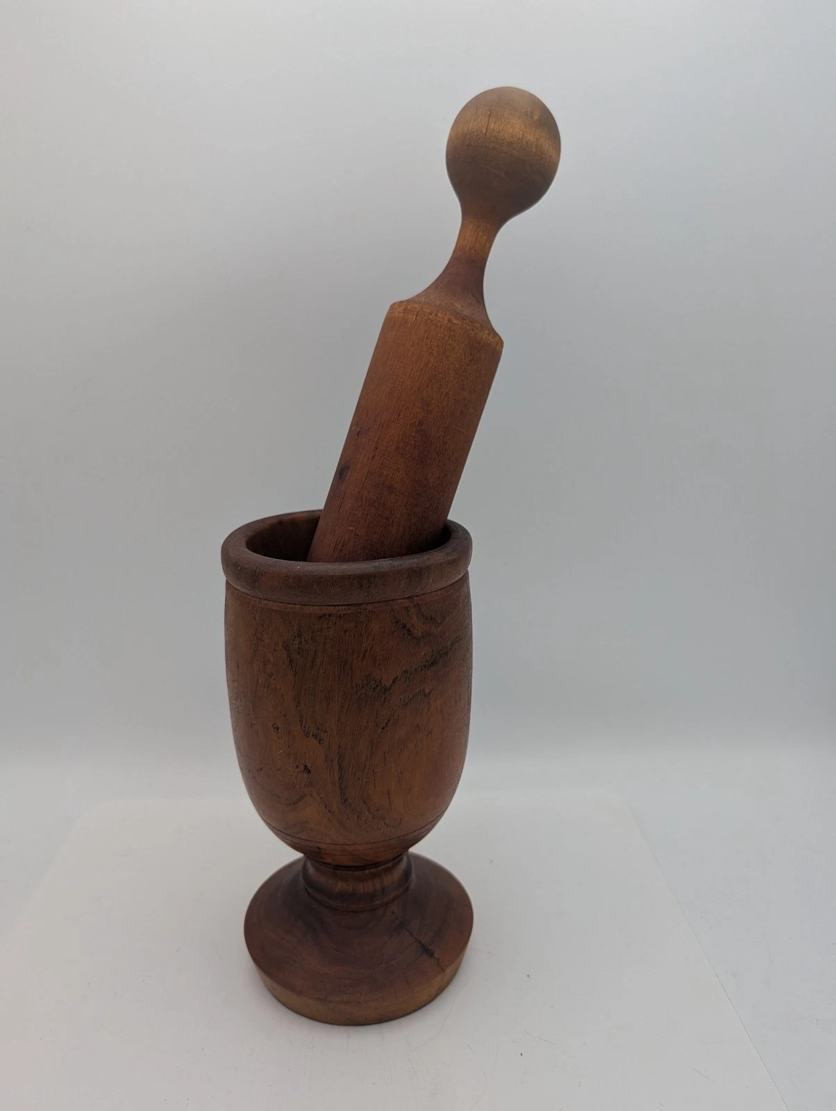 Antique Narrow Wooden Mortar & Pestle 7 1/4" High 3 1/2" Diameter, Tall Pestle