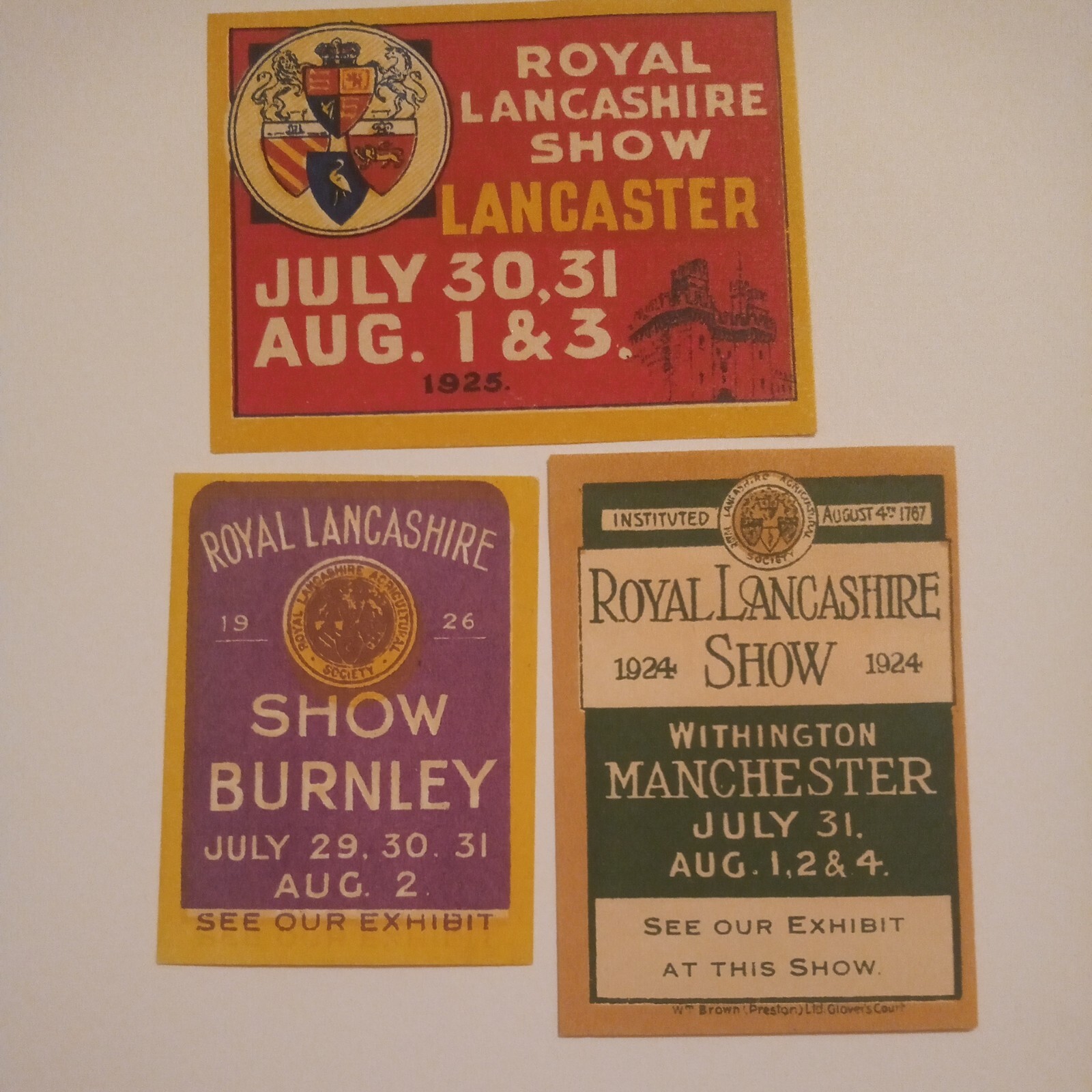 3 poster stamps/labels, royal lancashire show 1924, 25 & 26 Burnley
