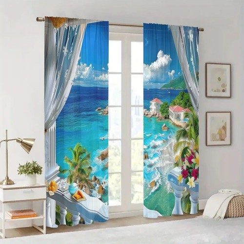 2Pcs Ocean Beach Blue Sky Window Curtains Drapes Bedroom Living Room Kitchen - Picture 15 of 17