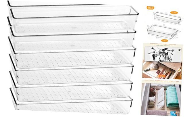 8 Pack Large Clear Plastic Drawer Organizers , 2 Size Versatile 8 PCS