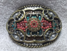 Multi-Color Beaded Rhinestone Belt Buckle Gold Rope Edge Great Vintage Shape