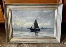 Laurtiz Sorensen Signed Original Oil on Canvas Painting Art Fishing Boat Sea 2