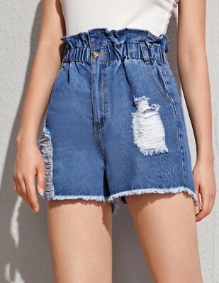Ripped Raw Hem paper bag Waist Denim Short de Mezclilla, con cintura alta.(M)