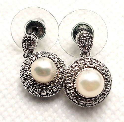 Vintage Pearl & Diamond Dangle Earrings 925 Sterling Silver 1/20CT Signed 11mm - Picture 6 of 8